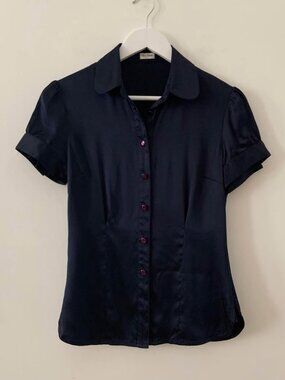 Talula Babaton Navy Blue Satin Silk Blouse